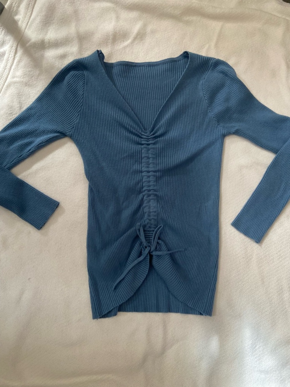 Blue Ribbed V-Neck Ruched Tie-Front Sweater